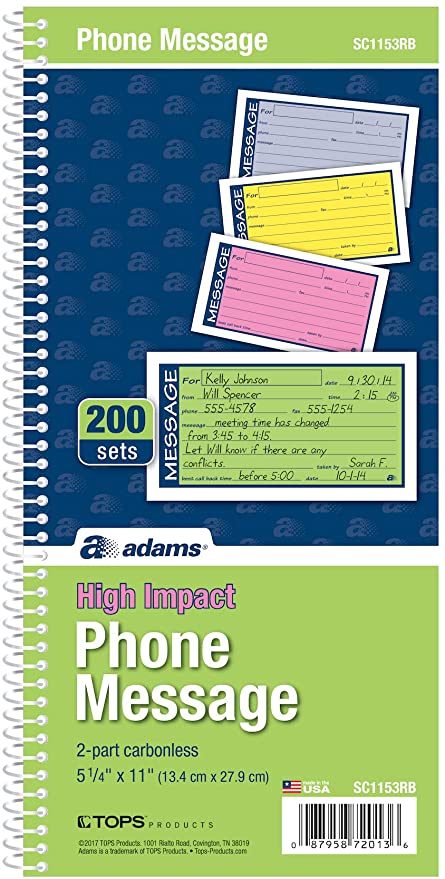 Adams¨ High Impact Phone Message Book, 2-Part Carbonless, 5-1/4" x 11", 200 Sets per Book (SC1153RB)
