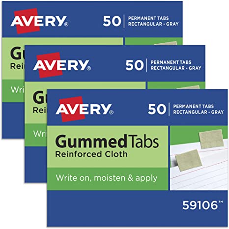 Avery Gummed Index Tabs. Moisten and Stick. Gray Cloth. 1 Inch Tab. 50 Tabs Per Pack. 3 Packs