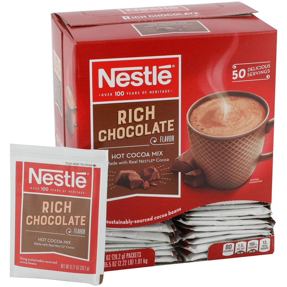 Nestle Hot Chocolate Packets. Hot Cocoa Mix. Rich Chocolate Flavor. Made with Real Cocoa. 50 Count (0.71 Oz each). 35.5 Oz