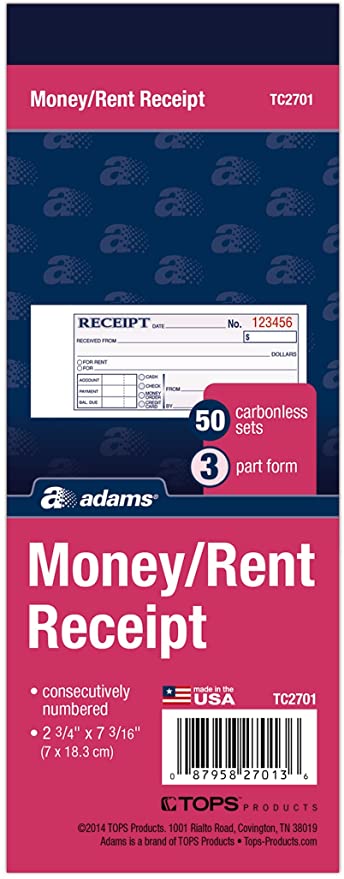 Adams Money/Rent Receipt Book, Carbonless, 3-Part, 2-3/4 x 7-3/16 Inches, 50 Sets per Book (TC2701)