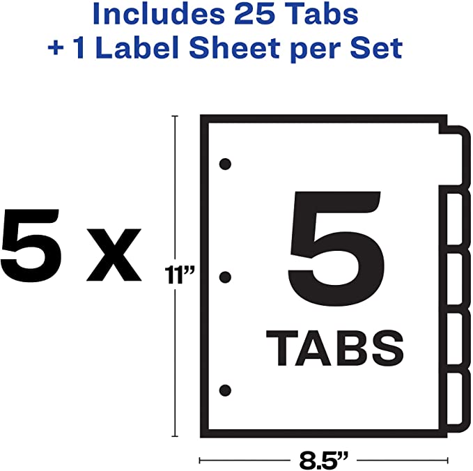 Avery 5 Big Tab Dividers for 3 Ring Binder, Easy Print & Apply Clear Label Strip, Index Maker Customizable White Tabs, 5 Sets (11492)