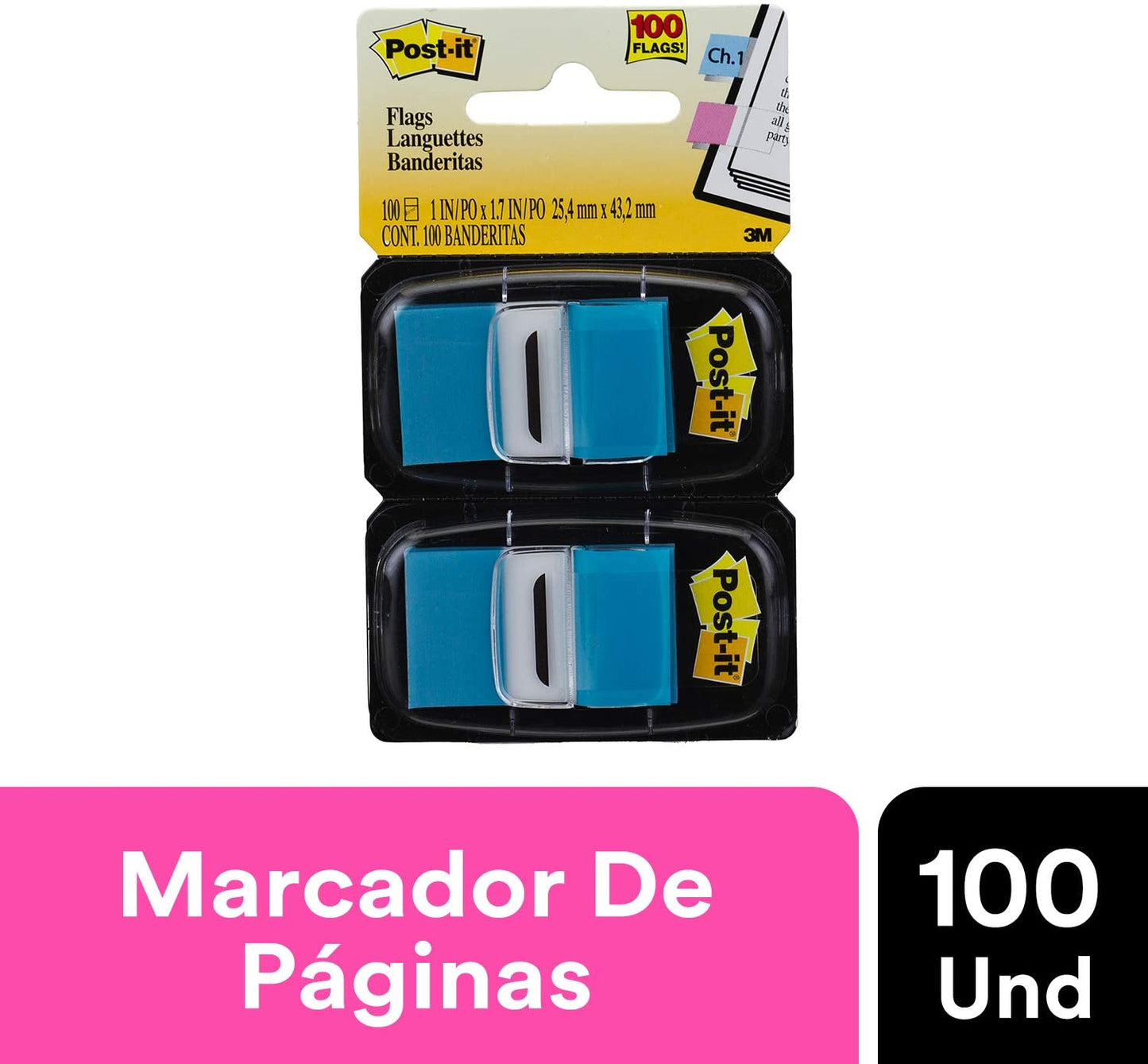 Post-it Standard Page Flags in Dispenser 1in Wide. Bright Blue 100 Flags. 680-BB2