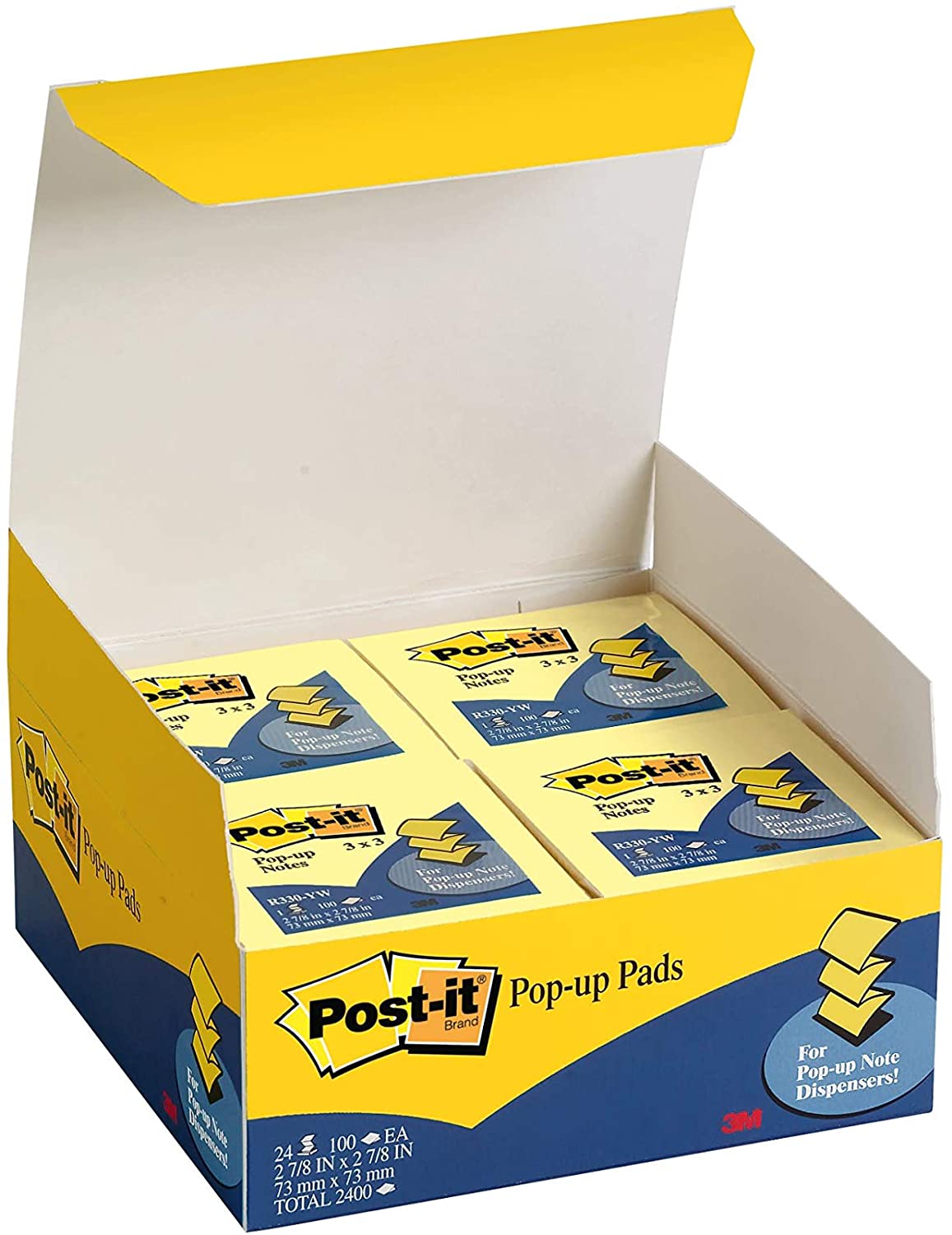 Post-it Pop-up Notes. 3 in x 3 in. 24 Pads. America's #1 Favorite Sticky Notes. Canary Yellow. Clean Removal. Recyclable (R330-24VAD)