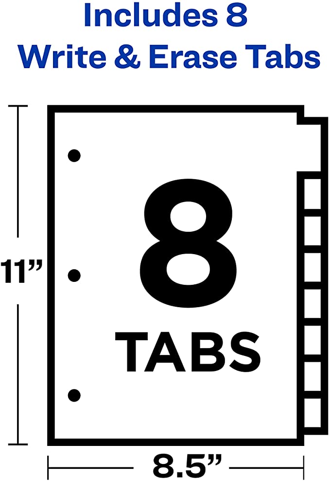 Avery 8-Tab Binder Dividers. Write & Erase White Big Tabs. 1 Set (23078)