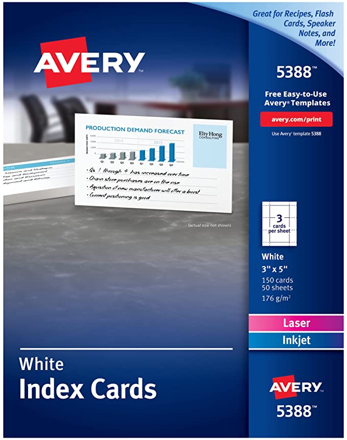 Avery Printable 3" x 5" Cards, 150 Blank Index Cards -- Great for Recipe Cards and Flashcards (5388)