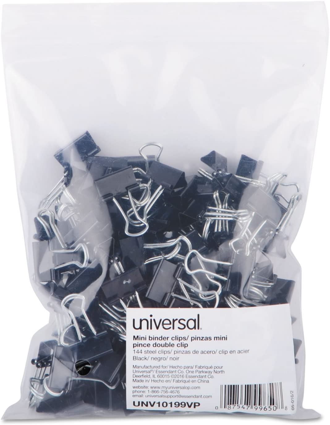 Universal 10199VP Mini Binder Clips. Zip-Seal Bag. 1/4-Inch Capacity. 5/8-Inch Wide. Black. 144/Bag (UNV10199VP)