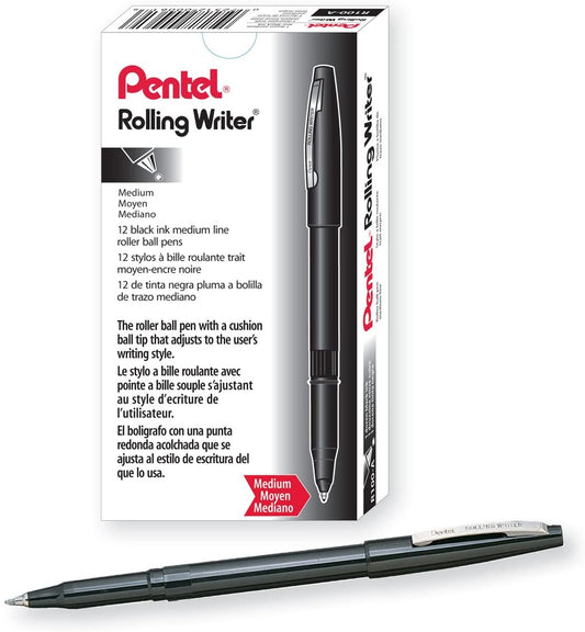 Pentel Rolling Writer Pen, 0.8 Millimeter Cushion Ball Tip, Black Ink, 12 pens (R100-A)