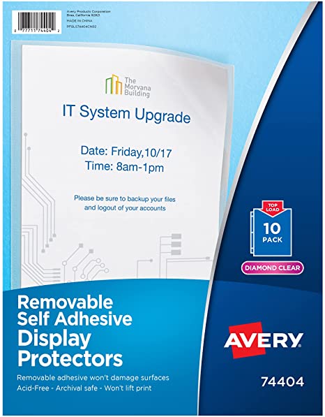 Avery Self-Adhesive Wall and Door Communication Display Protectors, 10 Clear Sleeves (74404)