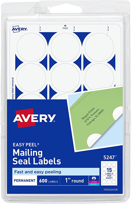 Avery Mailing Seals. 1" Round Labels. White. 600 Printable Mailing Labels (05247)
