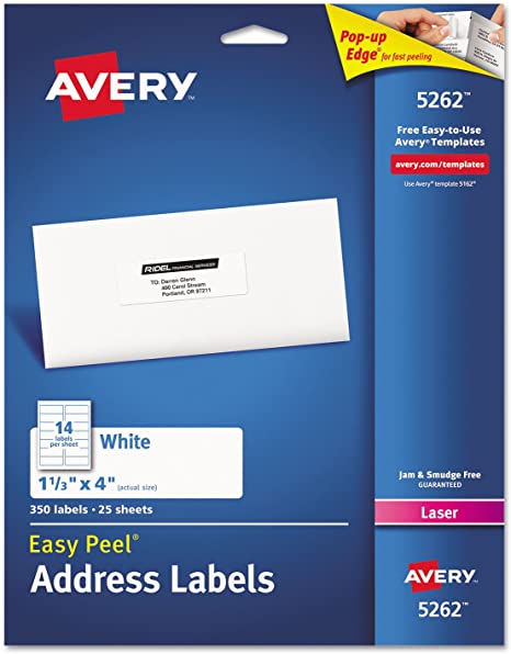 Avery 5262 Easy Peel Mailing Address Labels, Laser, 1-1/3 X 4, White, 350/Pack