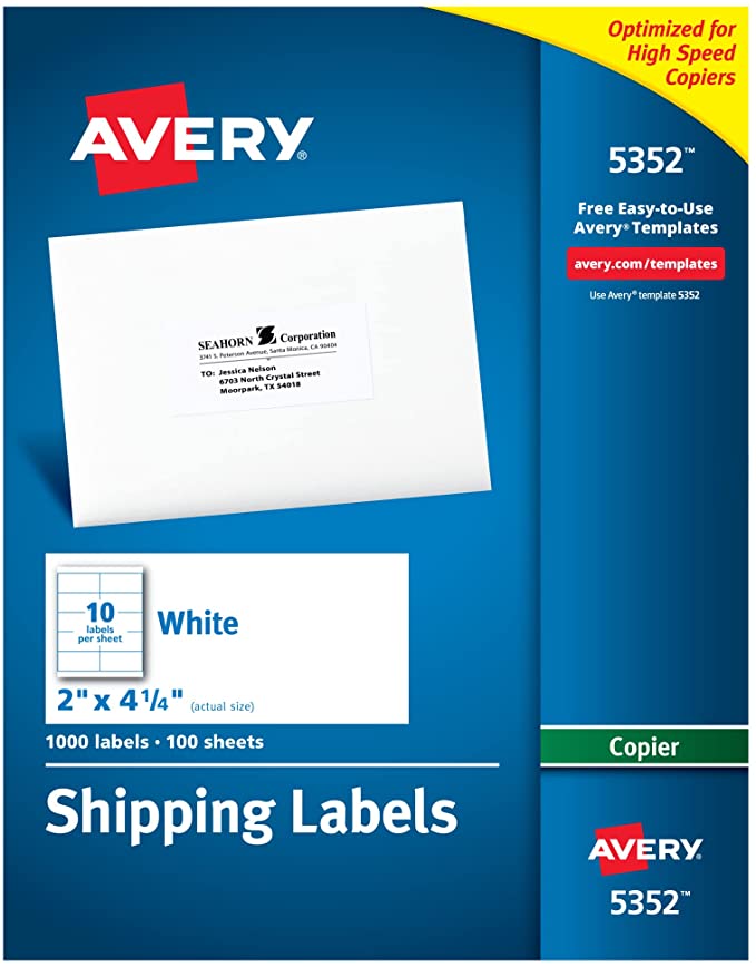 Avery Address Labels for Copiers, 2 x 4-1/4, Box of 1,000 (5352