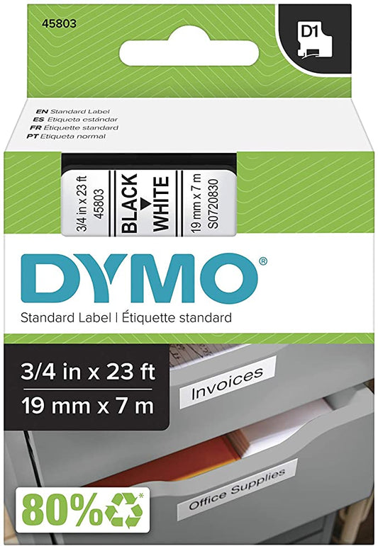 DYMO Authentic Standard D1 Labeling Tape for LabelManager Label Makers. Black Print on White Tape. 3/4'' W x 23' L. 1 Cartridge (45803)
