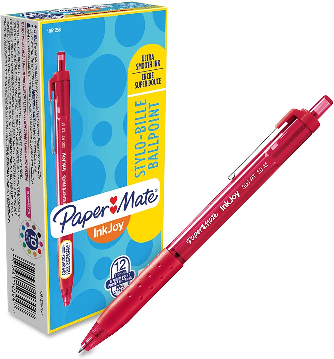 Paper Mate InkJoy 300RT Retractable Ballpoint Pens. Medium Point. Red. Box of 12 (1951258)