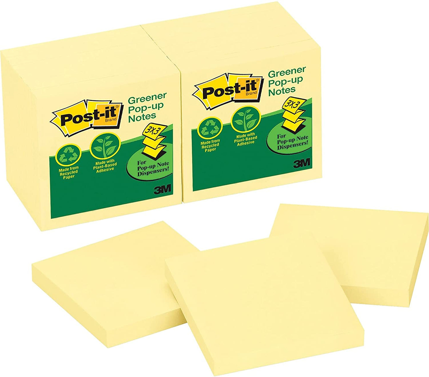 Post-it Greener Recycled Pop-up Notes 3x3 in. 12 Pads. America's #1 Favorite Sticky Notes. Canary Yellow. Clean Removal. 100% Recycled Material(R330RP-12YW)