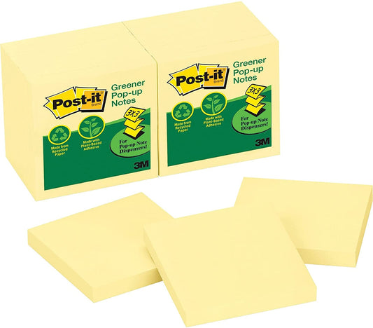 Post-it Greener Recycled Pop-up Notes 3x3 in. 12 Pads. America's #1 Favorite Sticky Notes. Canary Yellow. Clean Removal. 100% Recycled Material(R330RP-12YW)