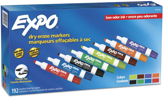 EXPO Low Odor Dry Erase Markers. Chisel Tip. Assorted Colors. 192 Count