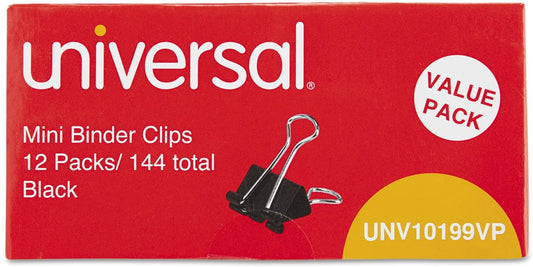 Universal 10199VP Mini Binder Clips. Zip-Seal Bag. 1/4-Inch Capacity. 5/8-Inch Wide. Black. 144/Bag (UNV10199VP)