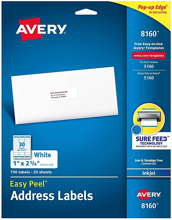 Avery Easy Peel Address Labels. Inkjet Printers. White. 1" x 2-5/8". Box of 750 Labels (08160)
