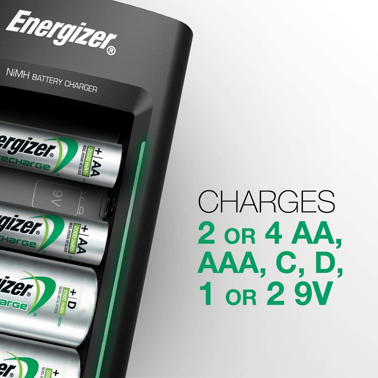 Rechargeable Battery Charger by Energizer, for C D AA AAA 9V Ni-MH Rechargeable Batteries with LED Indicator and Overcharge Prevention Function