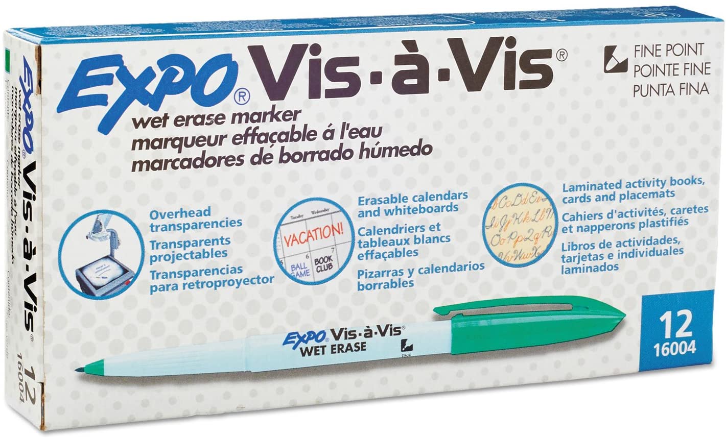 Expo Vis-A-Vis Wet-Erase Marker, Fine Point, Green Ink, Dozen (San16004)