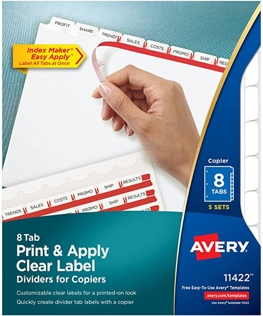 Avery 8 Tab Dividers for 3 Ring Binder, Easy Print & Apply Clear Label Strip for Copiers, Index Maker Customizable White Tabs, 5 Sets (11422)