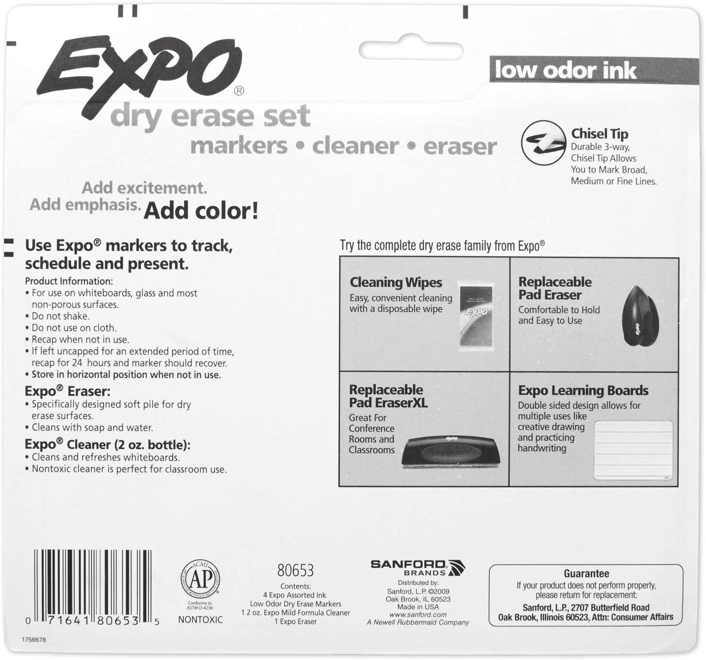 Expo Low Odor Dry Erase Marker Set with White Board Eraser and Cleaner | Chisel Tip Dry Erase Markers | Assorted Colors. 6-Piece Set with Whiteboard Cleaner