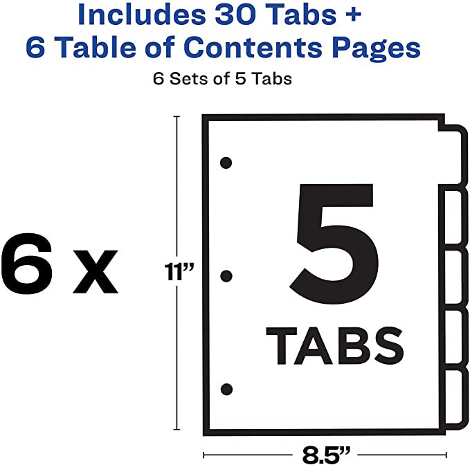 Avery 5-Tab Dividers for 3 Ring Binders, Customizable Table of Contents, Multicolor Tabs, 6 Sets (11187)