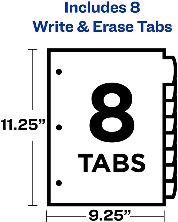 AVERY 8-Tab Plastic Binder Dividers with Pockets. Write & Erase Multicolor Big Tabs. 1 Set (16177)