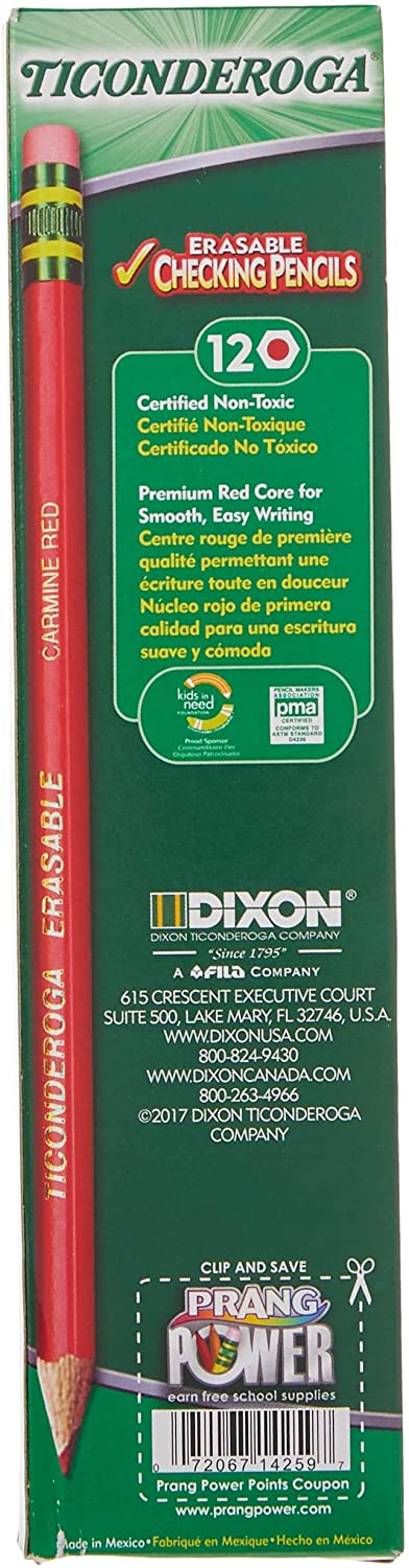Ticonderoga Erasable Checking Pencils with Eraser. Pre-sharpened. Red. 12-Pack (14259)
