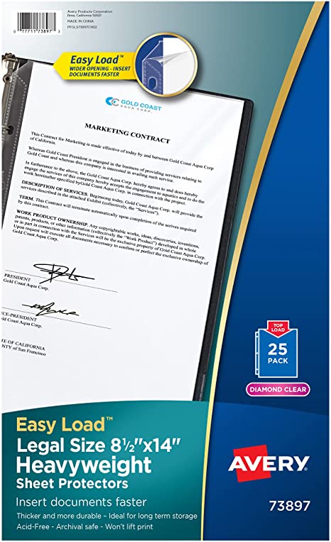 Avery Diamond Clear Heavyweight Sheet Protectors, Holds 8.5" x 14" Sheets, Legal Size, Easy Load, 25ct (73897)