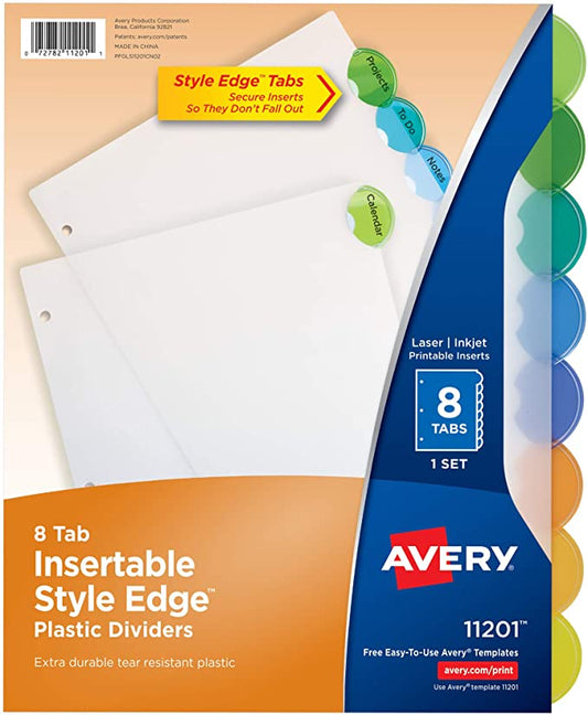 Avery 11201 Insertable Style Edge Tab Plastic Dividers. 8-Tab. Letter