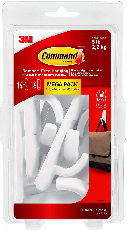 Command Large Utility Hook Mega Pack. White. 14-Hooks. 16-Strips. Organize Damage-Free