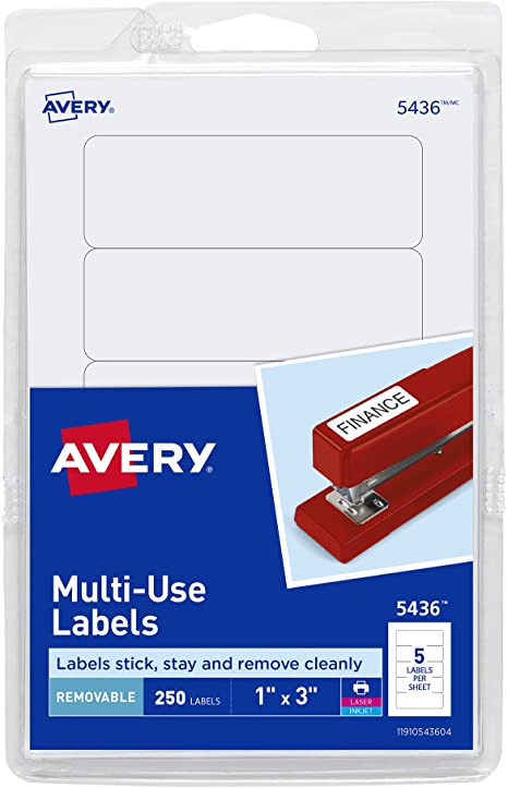 Avery Removable Print/Write Labels, 1 x 3 Inches, White, Pack of 250 (5436)