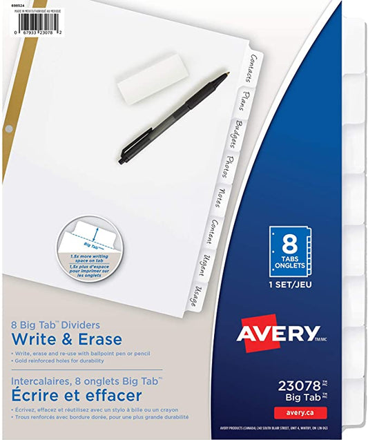 Avery 8-Tab Binder Dividers. Write & Erase White Big Tabs. 1 Set (23078)