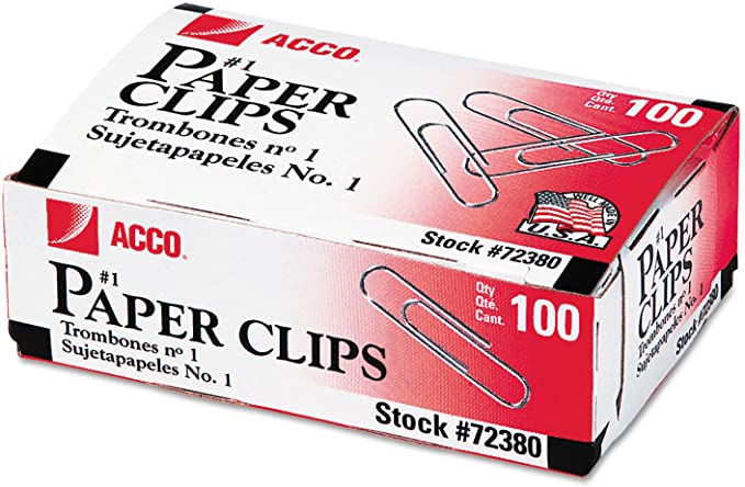 Acco 72380 Smooth Standard Paper Clips. Size 1. 100/Box. Silver. 10 Boxes/PK