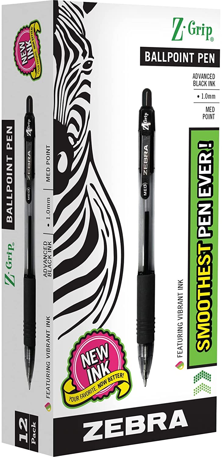 Zebra Pen Z-Grip Retractable Ballpoint Pen, Medium Point, 1.0mm, Black Ink, 12-Count