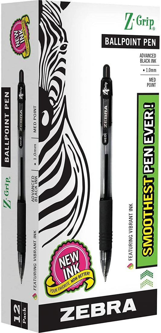 Zebra Pen Z-Grip Retractable Ballpoint Pen, Medium Point, 1.0mm, Black Ink, 12-Count