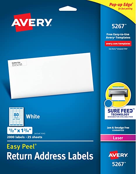 AVERY 5267 Easy Peel Return Address Labels. Laser. 1/2 x 1 3/4. White (Pack of 2000). (Model: 05267)