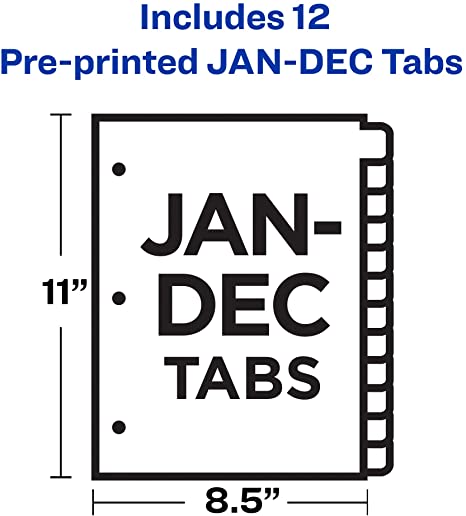 Avery 11331 Preprinted Plastic Tab Dividers, 12-Tab, Letter