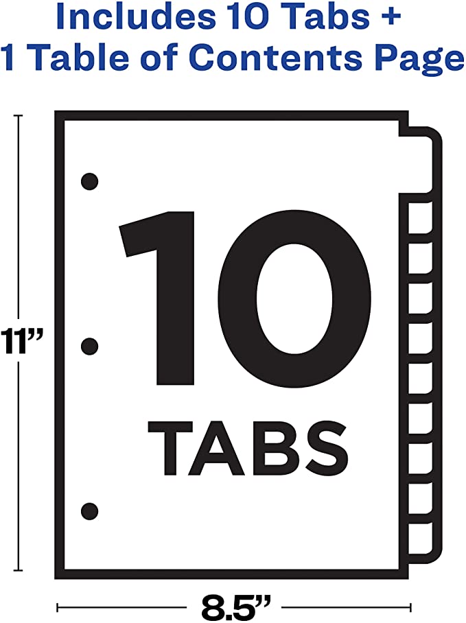 Avery 10-Tab Dividers for 3-ring Binders, Customizable Table of Contents, Classic White Tabs, 1 Set (11134)
