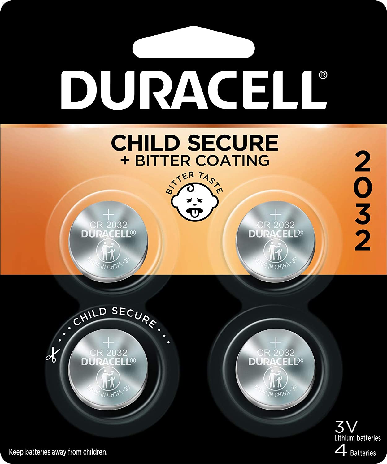 Duracell - 2032 3V Lithium Coin Battery - with Bitter Coating - 4 count