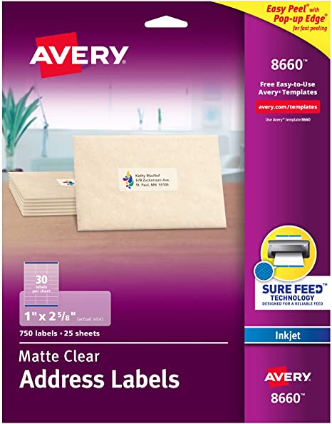Avery Clear Address Labels for Inkjet Printers with Sure Feed, 1" x 2-5/8", 750 Frosted Holiday Labels (8660)