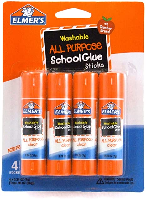 Elmer's All Purpose School Glue Sticks. Clear. Washable. 4 Pack. 0.24-ounce sticks