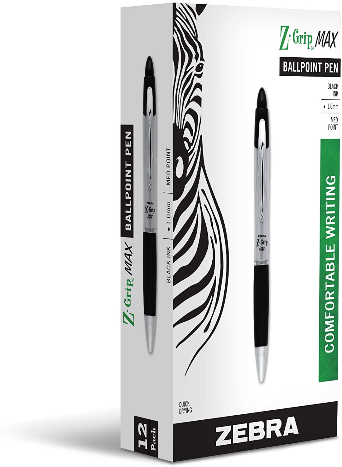 Zebra Pen Z-Grip MAX Retractable Ballpoint Pen, Medium Point, 1.0mm, Silver Barrel, Black Ink, 12 Pack