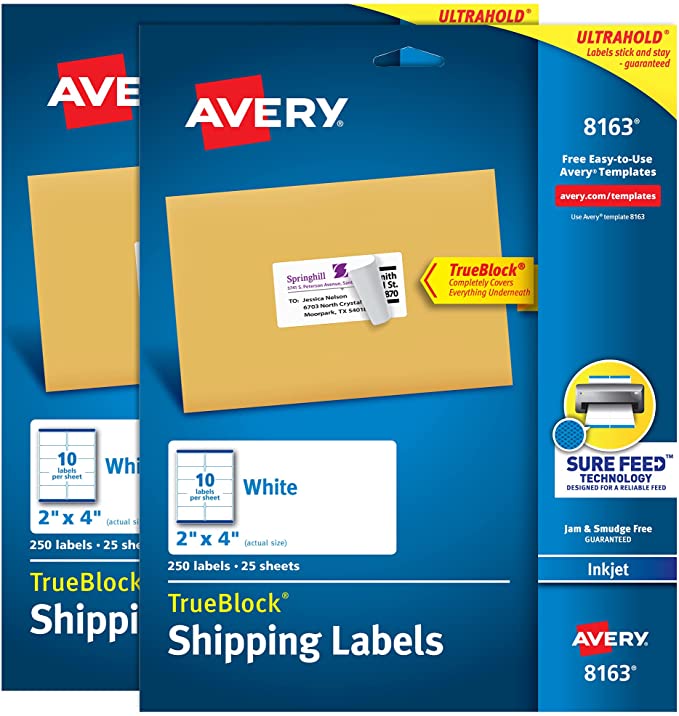 Avery Shipping Labels with TrueBlock. 2" x 4" Blank Labels. Inkjet Printable Labels. Pack of 250. 2 Packs. 500 Labels Total (8163)