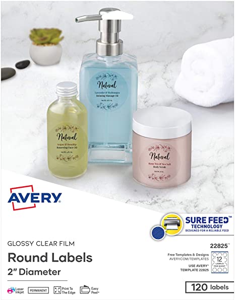 Avery Printable Round Labels with Sure Feed, 2" Diameter, Glossy Clear, 120 Customizable Labels (22825)