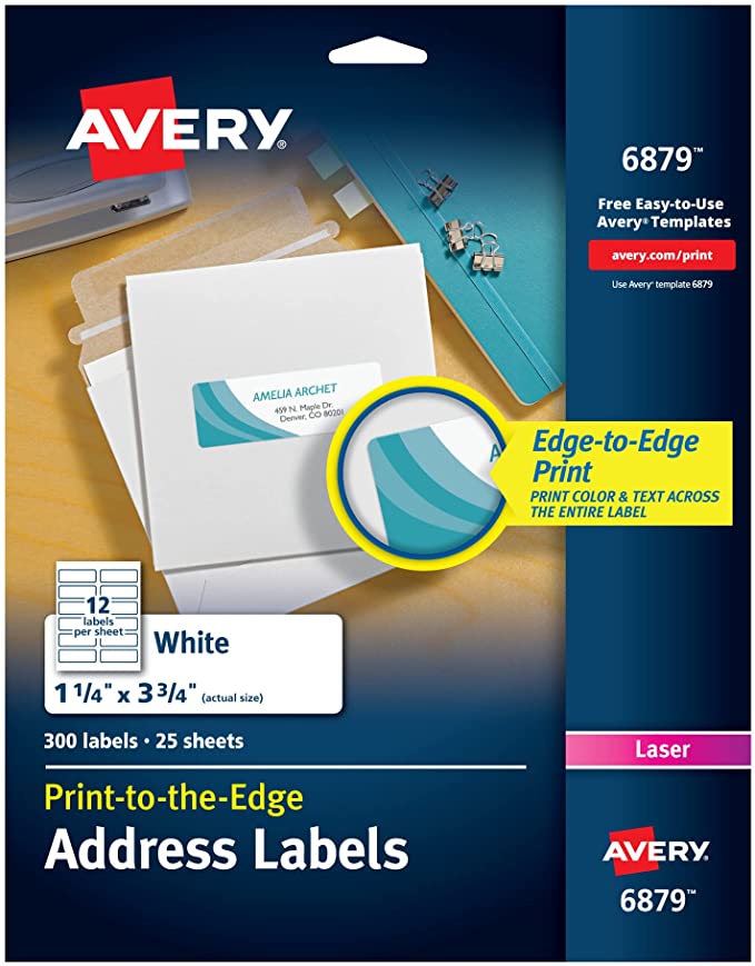 Avery Laser Labels, Matte, Mailing, 3-3/4 x 1-1/4, 300 per Pack (6879), White