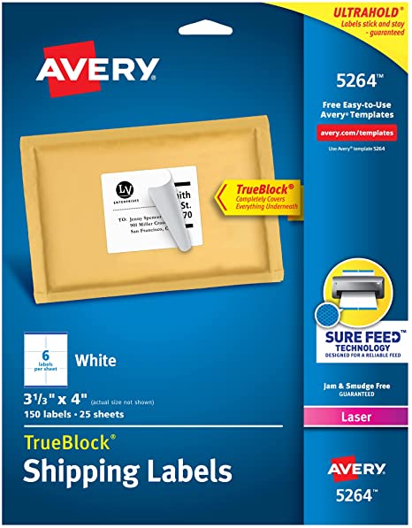 Avery Shipping Address Labels, Laser Printers, 150 Labels, 3-1/3x4 Labels, Permanent Adhesive, TrueBlock (5264), White