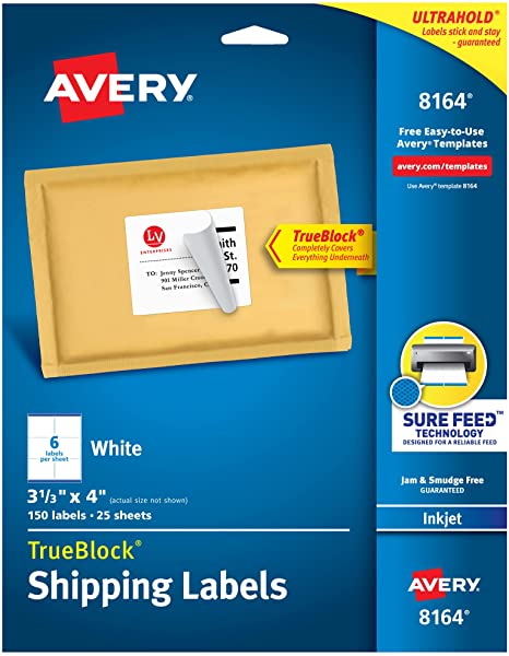 Avery Shipping Address Labels, Inkjet Printers, 150 Labels, 3-1/3x4 Labels, Permanent Adhesive, TrueBlock (8164), White
