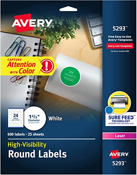 Avery 5293 Round Labels. 1-2/3" Diameter. White. Pack of 600 -- Make Custom Stickers